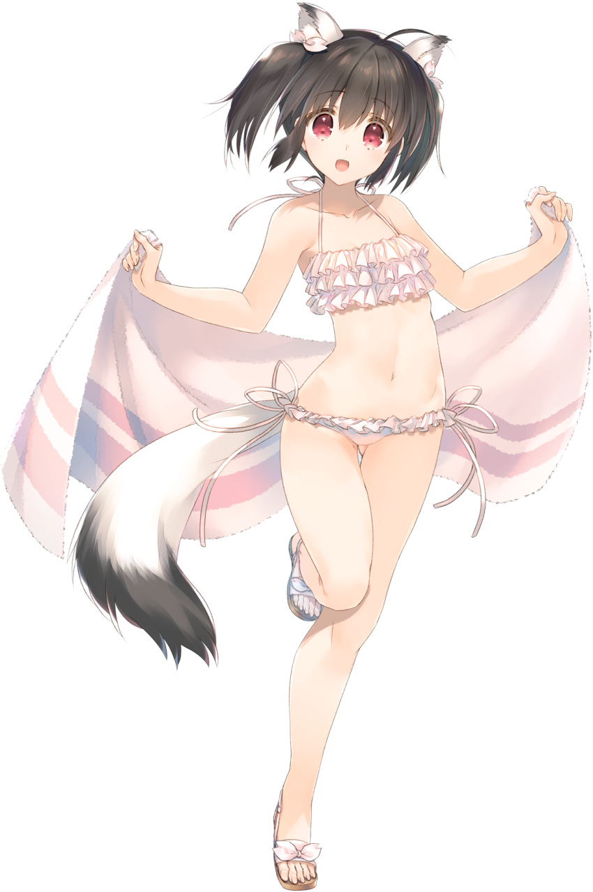 animal_ears bikini brown_hair dog_ears dog_tail female frilled_bikini frills full_body highres holding holding_towel looking_at_viewer navel non-web_source official_art open_mouth photoshop_(medium) red_eyes sandals short_hair side-tie_bikini_bottom simple_background solo standing standing_on_one_leg swimsuit tail to_heart_(series) to_heart_2 towel twintails white_background yuzuhara_konomi