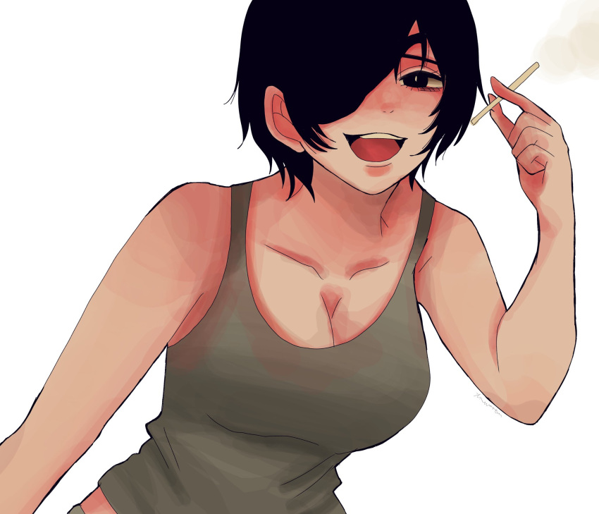 black_eyes black_hair breasts chainsaw_man cigarette cleavage collarbone commentary_request eyepatch female green_tank_top highres himeno_(chainsaw_man) holding holding_cigarette large_breasts open_mouth short_hair smile smoke solo tank_top upper_body yuzuha_takamura