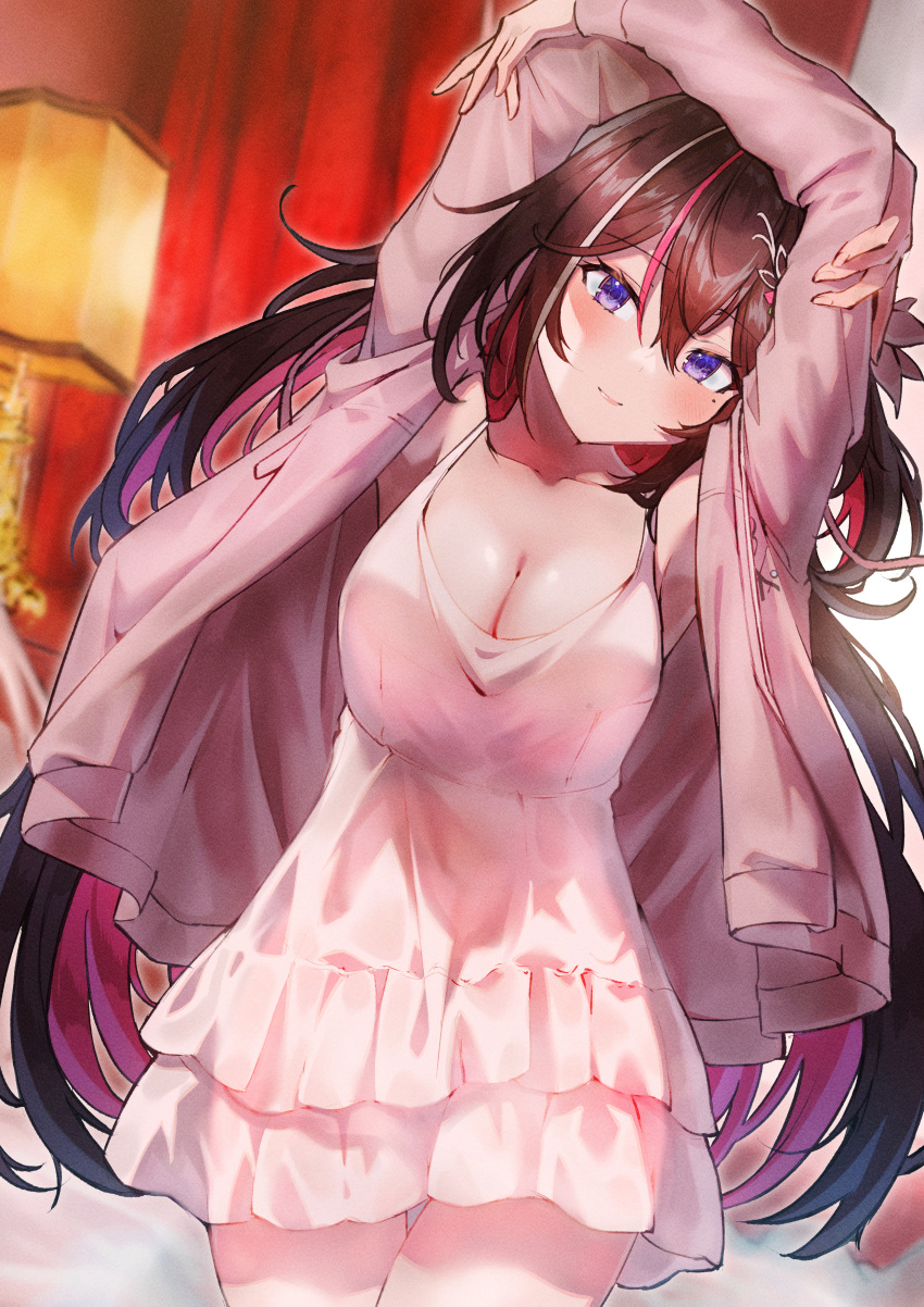 absurdres arms_up azki_(hololive) black_hair breasts colored_inner_hair commentary_request cruzango0510 dress female highres hololive jacket lamp large_breasts long_hair mole mole_under_eye multicolored_hair pink_hair purple_eyes smile virtual_youtuber