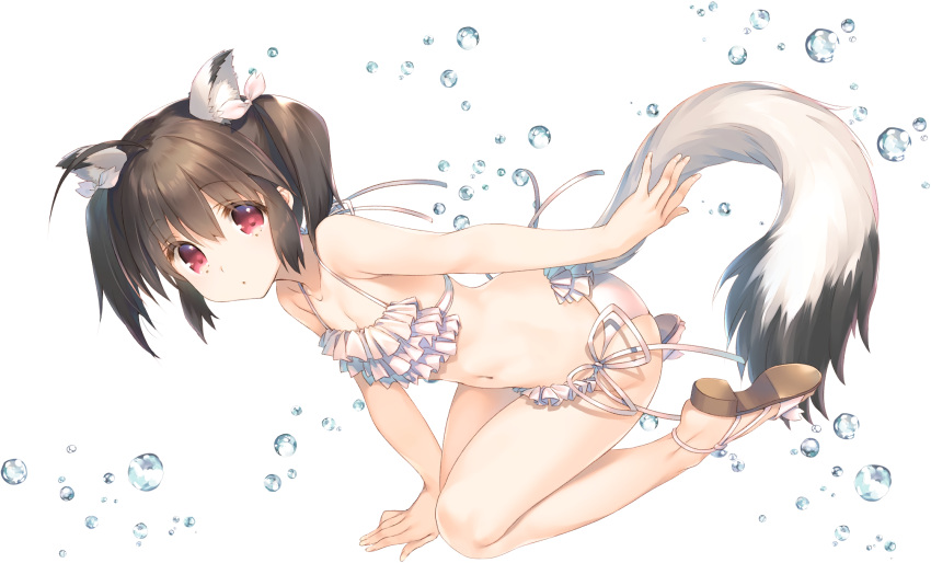 animal_ears bikini brown_hair dog_ears dog_tail female flat_chest frilled_bikini frills full_body highres looking_at_viewer navel non-web_source official_art photoshop_(medium) red_eyes sandals short_hair side-tie_bikini_bottom simple_background solo swimsuit tail to_heart_(series) to_heart_2 twintails water_drop white_background white_bikini yuzuhara_konomi