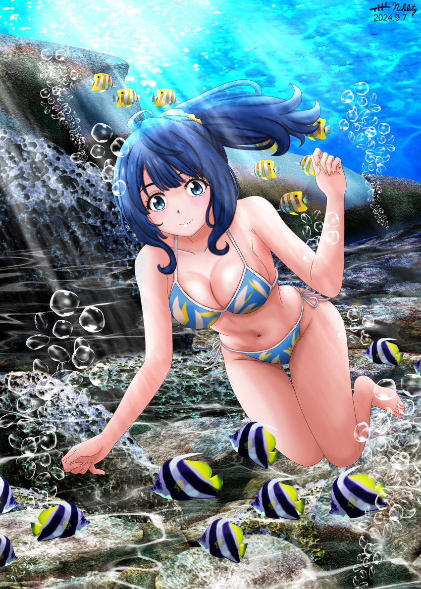 absurdres air_bubble artist_name bikini blue_bikini blue_eyes blue_hair breasts bubble cleavage commentary_request dated female fish freediving full_body highres make_heroine_ga_oo_sugiru! medium_breasts medium_hair multicolored_bikini multicolored_clothes nihility rock side-tie_bikini_bottom solo swimsuit underwater yanami_anna