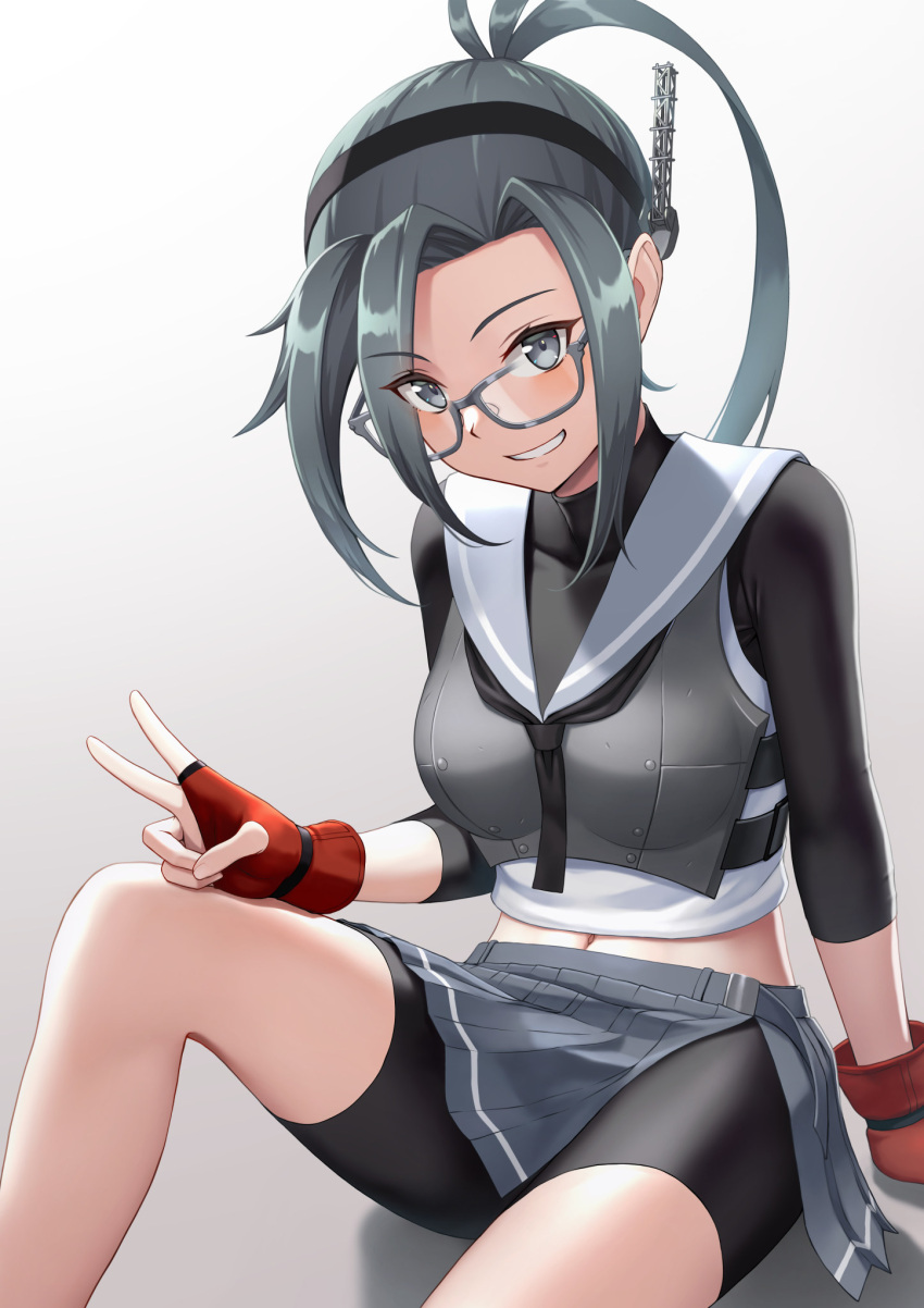 amagiri_(kancolle) amagiri_kai_ni_(kancolle) asymmetrical_bangs bike_shorts bike_shorts_under_skirt black_hairband black_shorts black_undershirt breasts female fingerless_gloves glasses gloves grey-framed_eyewear grey_eyes grey_hair grey_sailor_collar grey_skirt hair_between_eyes hairband highres kantai_collection long_hair medium_breasts miniskirt ponytail porupurucha red_gloves sailor_collar shorts skirt solo thighs v very_long_hair