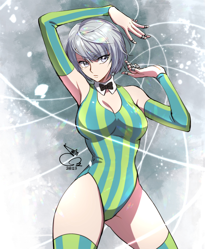 bae_(baebae) bow bowtie breasts cleavage detached_collar detached_sleeves female grey_eyes grey_hair highres karakuri_circus leotard shirogane_(karakuri_circus) short_hair solo string striped_clothes striped_leotard thighhighs