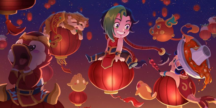 asymmetrical_bangs bare_shoulders black_hair bracelet china_dress chinese_clothes commentary_request dress female firecracker_jinx fish food glasses green_hair grin highres jewelry jinx_(league_of_legends) lamp league_of_legends little_legend long_hair open_mouth outdoors second-party_source sitting smile teamfight_tactics teeth tongue twintails yangyexin