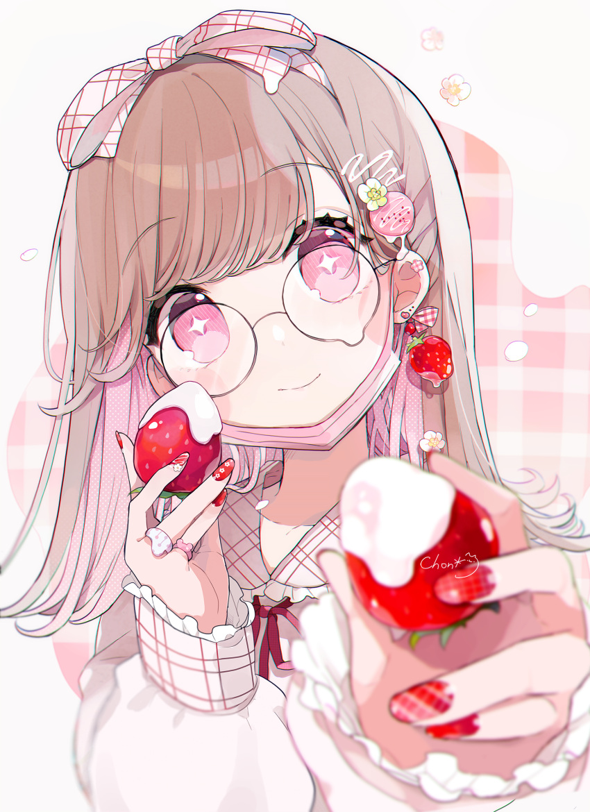 +_+ absurdres black-framed_eyewear blush_stickers bow brown_hair chon_(chon33v) closed_mouth colored_inner_hair commentary_request earrings female flower food food-themed_earrings food-themed_hair_ornament frilled_sailor_collar frilled_sleeves frills fruit gingham gingham_background gingham_bow glasses hair_flower hair_ornament hairbow head_tilt highres holding holding_food jewelry long_hair long_sleeves looking_at_viewer mask mask_pull mouth_mask multicolored_hair nail_art nail_polish neck_ribbon original patterned_hair pink_eyes pink_hair pink_sailor_collar puffy_long_sleeves puffy_sleeves red_ribbon ribbon ring round_eyewear sailor_collar shirt sleeves_past_wrists smile solo strawberry strawberry_earrings strawberry_hair_ornament surgical_mask symbol-shaped_pupils teardrop-framed_glasses two-tone_hair white_bow white_shirt