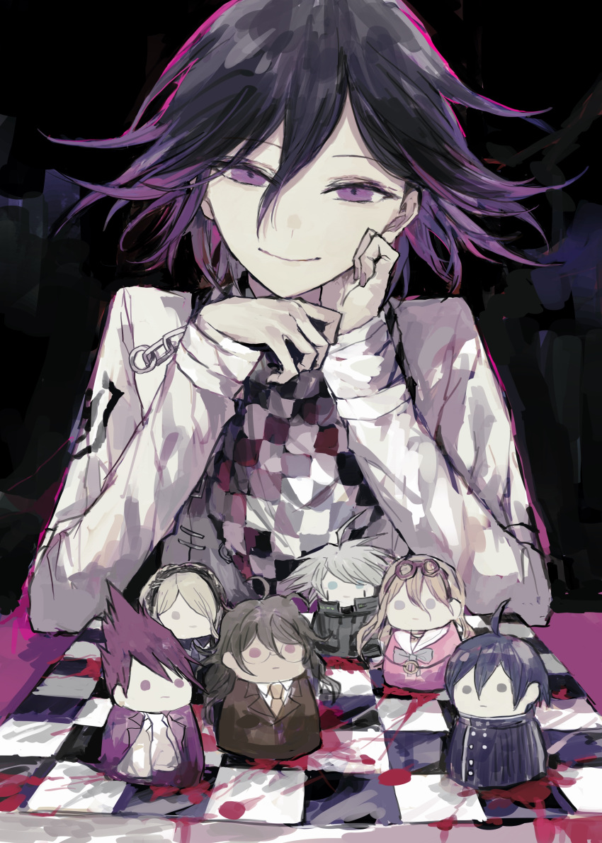 absurdres akamatsu_kaede bangs black_hair character_doll checkered checkered_scarf cheek_rest chessboard commentary_request danganronpa gokuhara_gonta hair_between_eyes half-closed_eyes highres iruma_miu jacket keebo long_arms long_sleeves looking_at_viewer male_focus momota_kaito new_danganronpa_v3 ouma_kokichi pink_blood postal_mark_(tsu_qq) purple_hair saihara_shuuichi scarf sitting smile solo straitjacket toujou_kirumi white_jacket