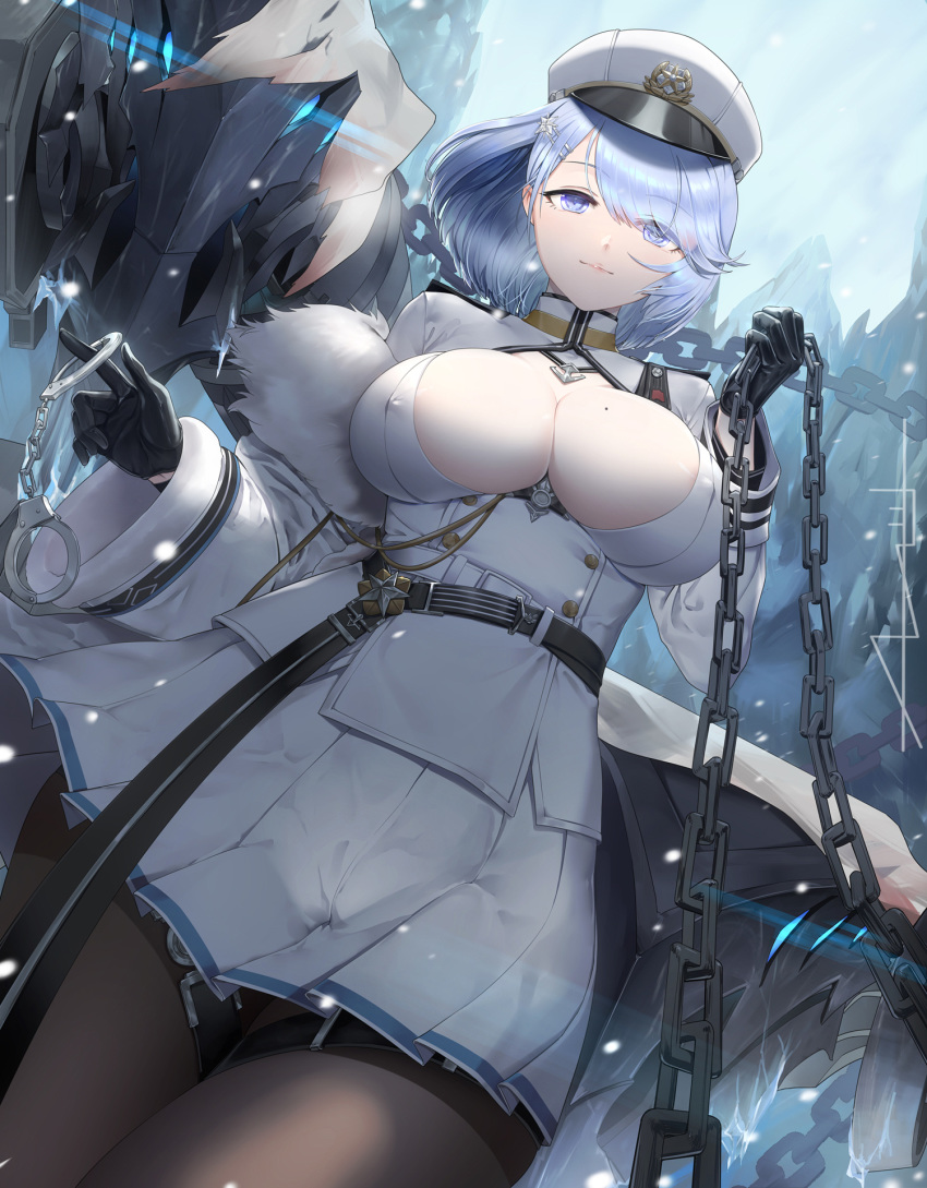 au11 azur_lane belt black_gloves blue_eyes blue_hair breasts chain_leash chains chapayev_(azur_lane) cleavage closed_mouth commentary covered_nipples cuffs eyes_visible_through_hair female from_below fur gloves hair_ornament hair_over_one_eye hairclip handcuffs hat highres holding holding_chain holding_leash jacket large_breasts leash long_sleeves looking_at_viewer looking_down military military_jacket military_uniform miniskirt mole mole_on_breast monster pantyhose peaked_cap pink_lips pleated_skirt pov shael short_hair skirt smile solo thigh_strap thighband_pantyhose uniform viewer_on_leash white_hat white_jacket white_skirt