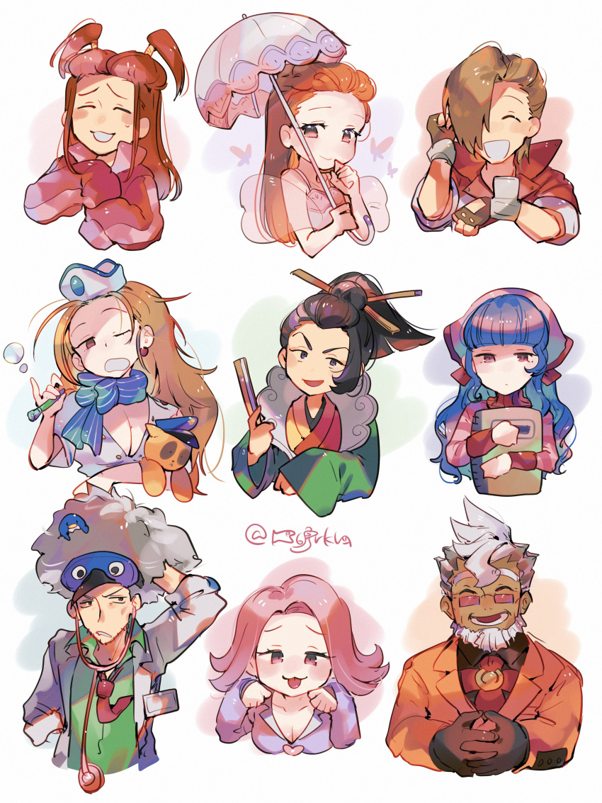 4girls 5boys :d ^_^ absurdres ace_attorney_investigations ace_attorney_investigations:_miles_edgeworth apollo_justice:_ace_attorney april_may beard bird_mask blue_hair blue_scarf blunt_bangs blush breasts brown_gloves brown_hair bubble bug butterfly cammy_meele cleavage closed_eyes closed_mouth collared_shirt commentary_request dahlia_hawthorne damon_gant dress facial_hair fingerless_gloves folding_fan gloves green_shirt grey_hair gyakuten_saiban hagoromo hair_bun hair_ornament hair_over_one_eye hair_stick hanaon hand_fan hand_to_own_mouth head_scarf herman_crab highres holding holding_fan holding_sketchbook holding_stuffed_toy holding_umbrella jacket japanese_clothes kimono lab_coat long_hair long_sleeves looking_at_viewer mask matt_engarde multiple_boys multiple_girls necktie one_eye_closed open_mouth orange_hair orange_jacket own_hands_together parasol paw_pose phoenix_wright:_ace_attorney phoenix_wright:_ace_attorney_-_dual_destinies phoenix_wright:_ace_attorney_-_justice_for_all phoenix_wright:_ace_attorney_-_spirit_of_justice phoenix_wright:_ace_attorney_-_trials_and_tribulations pink-tinted_eyewear pink_hair pink_headwear pink_jacket pink_sweater red_eyes red_hair red_jacket red_necktie sarushiro_souta scarf shawl shirt short_hair short_sleeves single_hair_bun sketchbook sleepy sleeves_past_fingers sleeves_past_wrists smile sniper_(ace_attorney) stuffed_toy sweater tinted_eyewear uendo_toneido umbrella v-shaped_eyebrows vera_misham white_background white_dress white_hair white_headwear white_umbrella