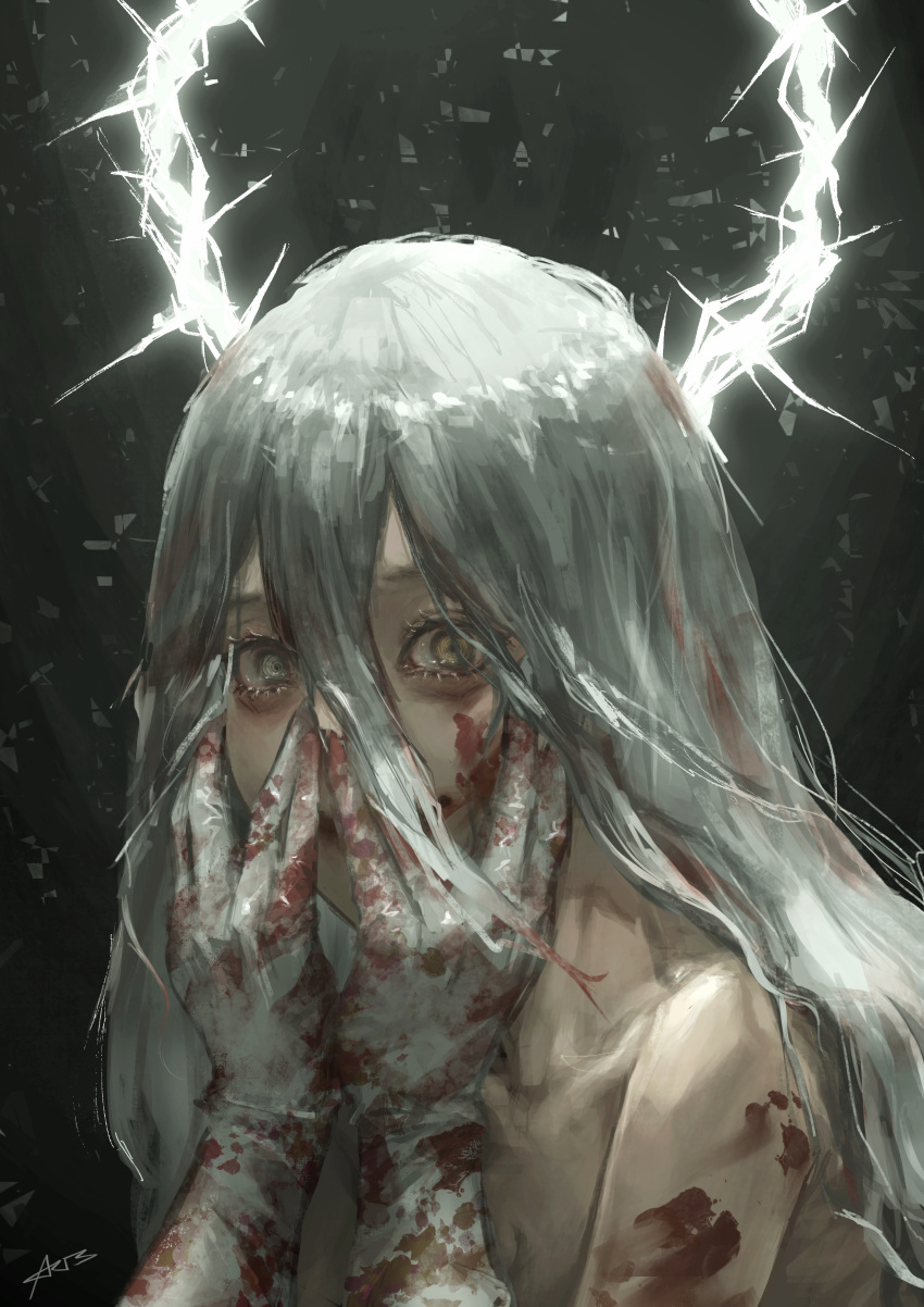 @_@ absurdres angel angel_wings arai_bokuseki blood blood_in_hair blood_on_arm blood_on_face blood_on_hands dark_background female gloves glowing glowing_halo grey_hair hair_between_eyes halo hands_on_own_face highres looking_at_viewer original solo topless upper_body white_hair wings