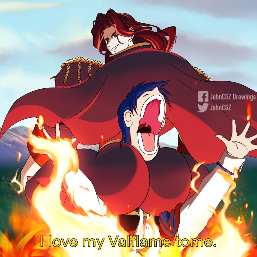 2boys arvis_(fire_emblem) ass blue_hair blue_sky broly_culo_(meme) cape cloud commentary day dragon_ball dragon_ball_z english_text epaulettes fire_emblem fire_emblem:_genealogy_of_the_holy_war from_behind grin highres jacket johncgz long_hair long_sleeves looking_at_viewer looking_back male_focus meme multiple_boys outdoors red_cape red_eyes red_hair sigurd_(fire_emblem) sky smile upper_body white_jacket