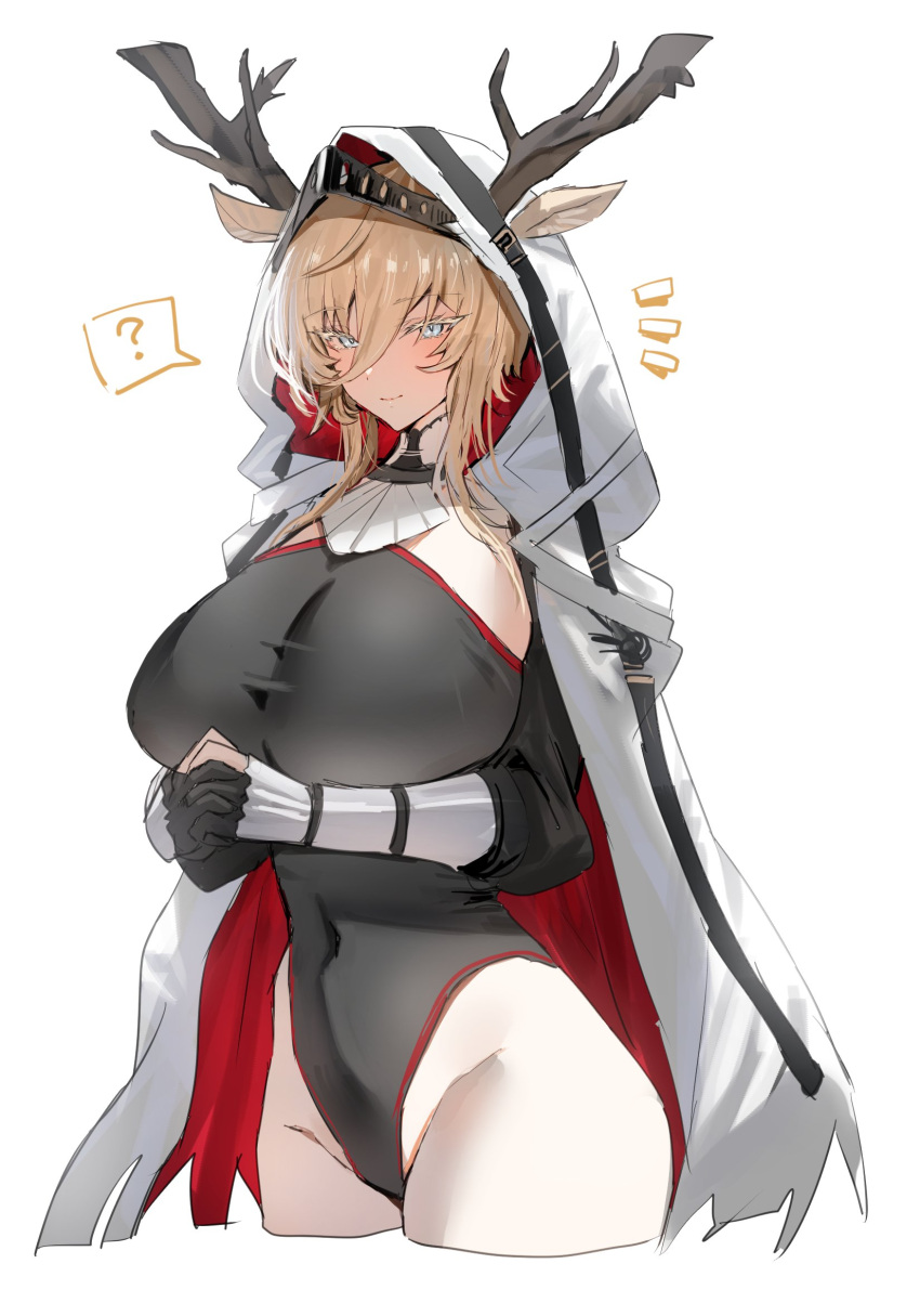 ? animal_ears antlers antlers_through_headwear antlers_through_hood arknights arms_under_breasts black_leotard blonde_hair blue_eyes breasts cloak closed_mouth commentary_request cowboy_shot deer_antlers deer_ears deer_girl ears_through_headwear ears_through_hood female hair_between_eyes highleg highleg_leotard highres hood hood_up horn/wood horns large_breasts leotard looking_ahead looking_at_viewer own_hands_together sidelocks simple_background slit_pupils smile solo spoken_question_mark upper_body viviana_(arknights) white_background white_cloak white_hood