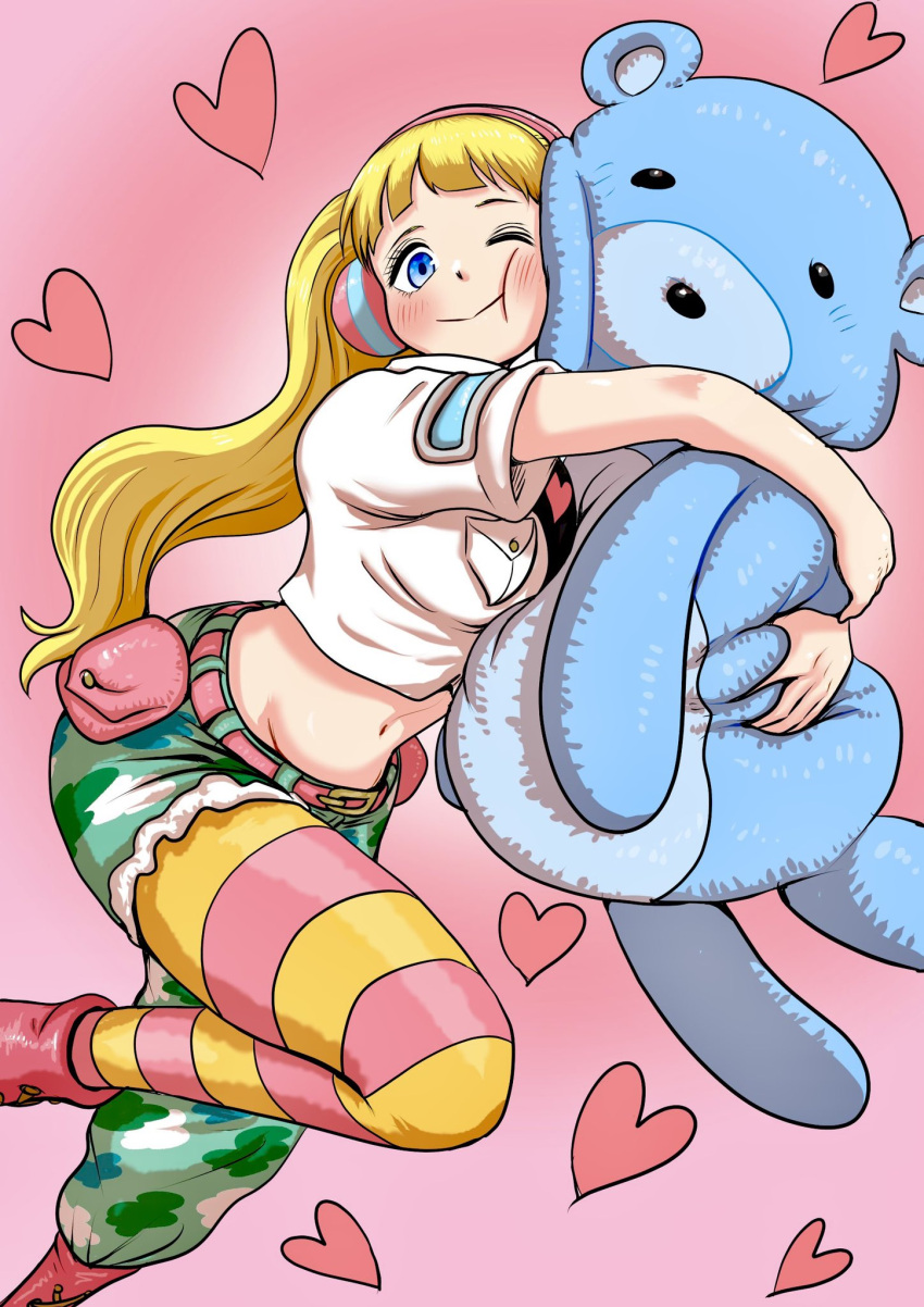 bear blonde_hair blue_eyes blush cheek-to-cheek crop_top female groin headphones heads_together heart hibari_(one_piece) highres horizontal-striped_thighhighs hug khaki_pants long_hair midriff navel one_piece pink_background plump ponytail shirt single_thighhigh smile striped_clothes striped_thighhighs stuffed_toy thighhighs thighs two-tone_thighhighs white_shirt yosuyosu