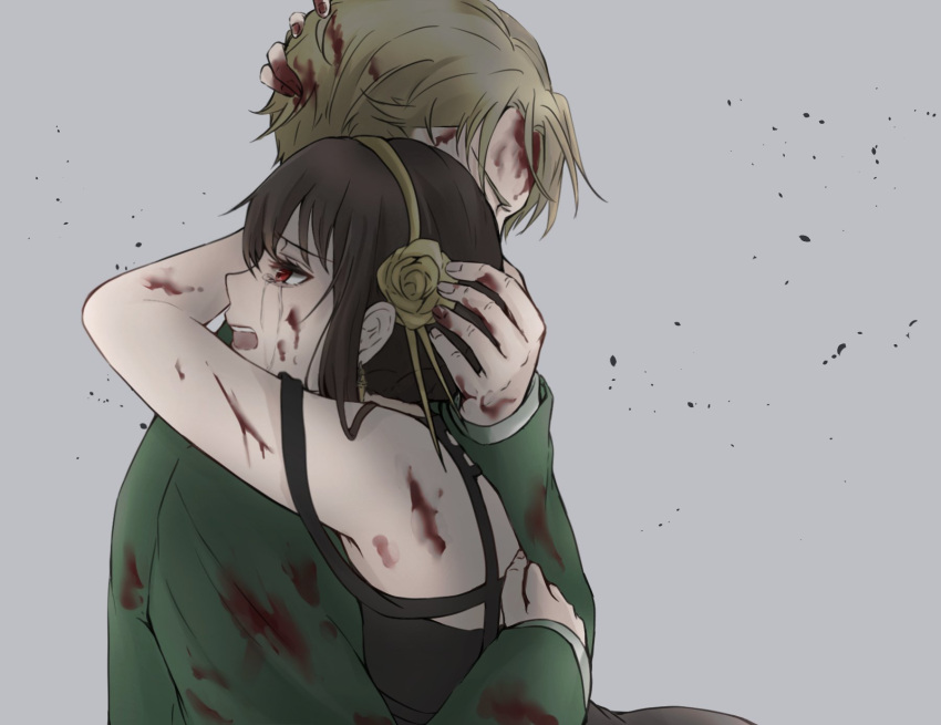 1boy bare_shoulders black_dress blonde_hair blood blood_on_clothes blood_on_face blood_on_hands crying dress female flower gold_hairband green_jacket green_suit grey_background hair_between_eyes hair_flower hair_ornament hair_stick hairband hand_in_another's_hair highres hug jacket long_hair open_mouth parted_bangs purimell red_eyes short_hair sidelocks spy_x_family suit suit_jacket tears twilight_(spy_x_family) upper_body yor_briar