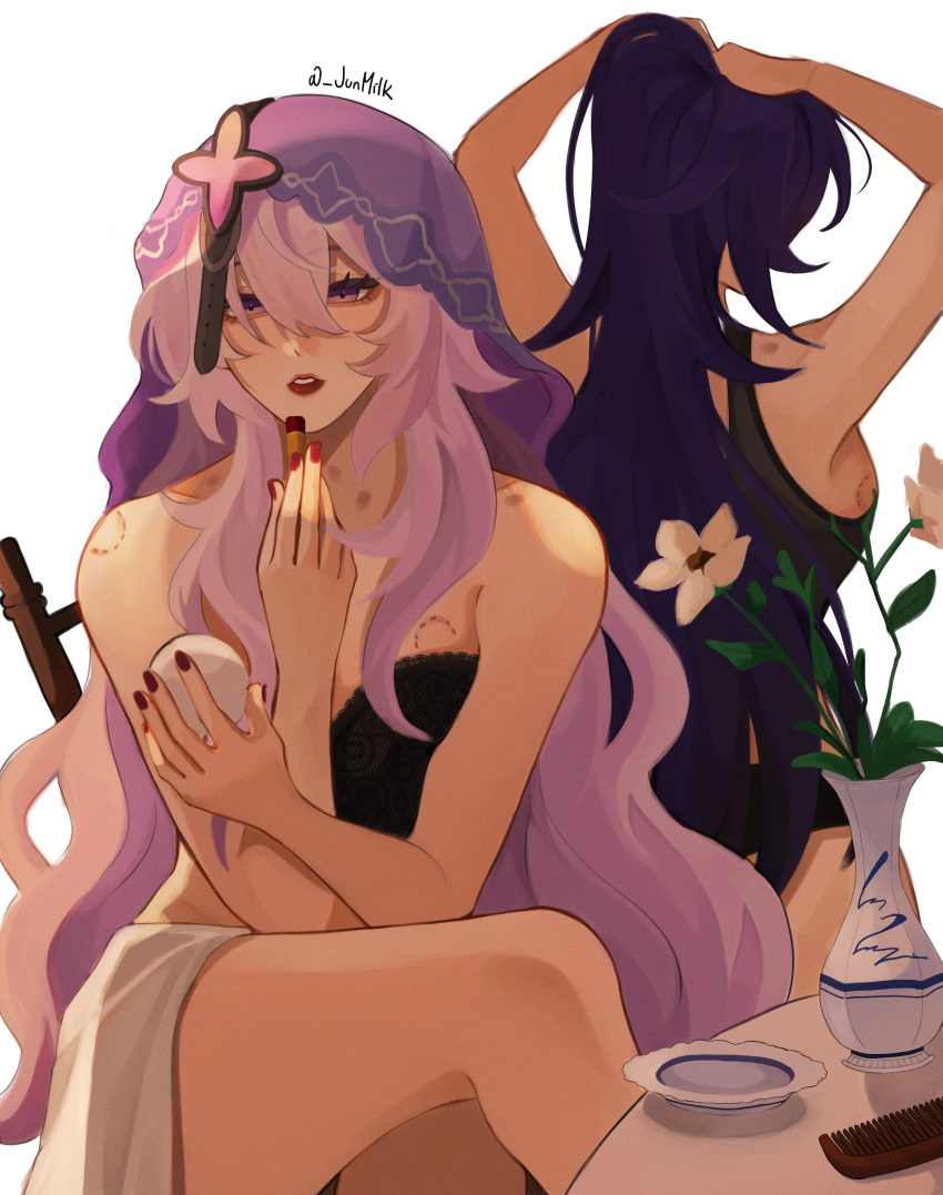 2girls absurdres acheron_(honkai:_star_rail) applying_makeup bite_mark bite_mark_on_breast bite_mark_on_shoulder black_panties black_swan_(honkai:_star_rail) black_tank_top comb cosmetics english_commentary facing_away flower hair_between_eyes hand_in_own_hair high_ponytail highres honkai:_star_rail honkai_(series) junmilk00 lipstick_tube long_hair multicolored_eyes multiple_girls panties pink_hair plate purple_hair purple_veil red_lips red_nails tank_top underwear vase white_background white_flower yuri