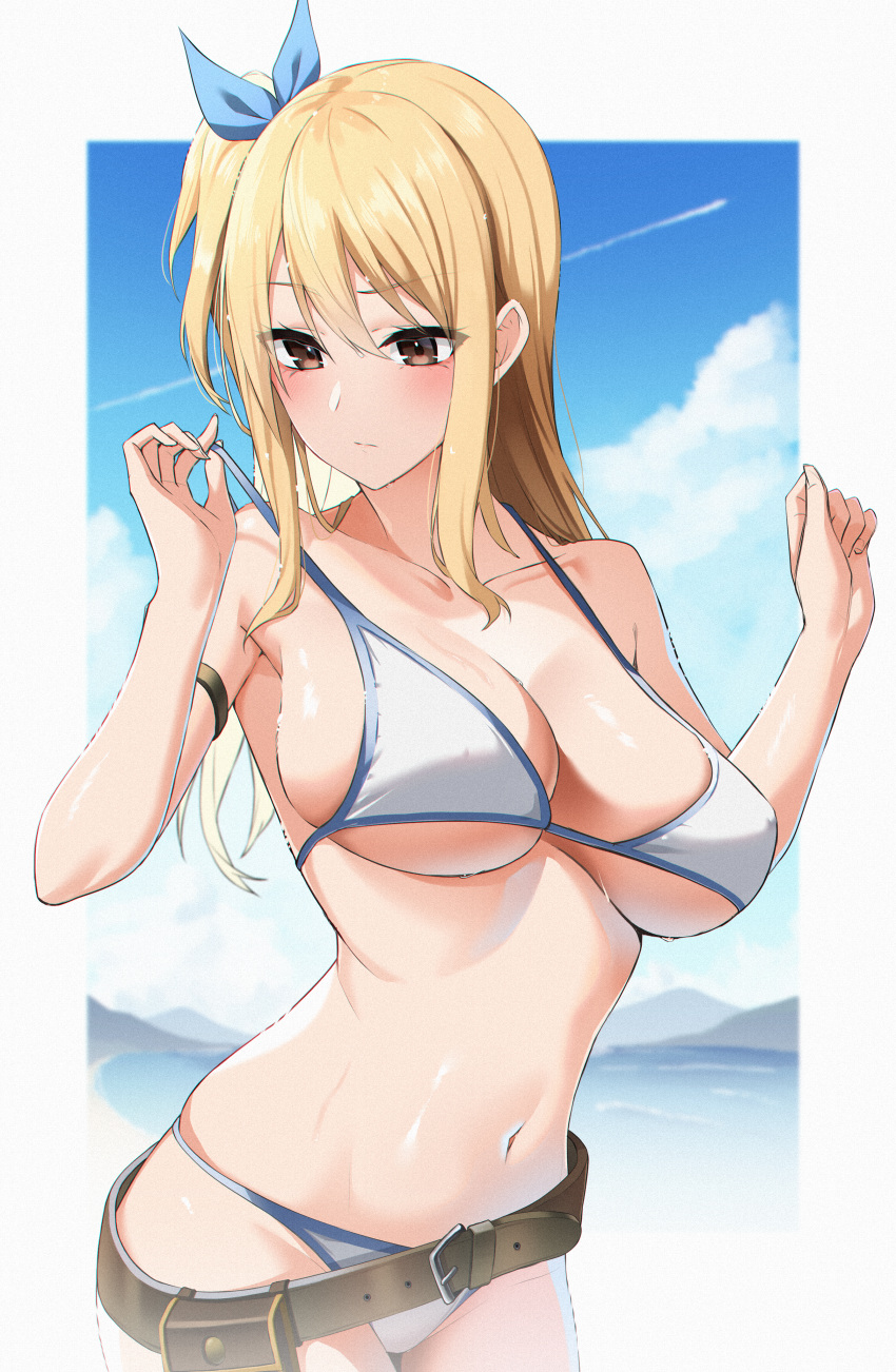 absurdres alternate_costume bare_shoulders belt bikini blonde_hair blue_ribbon blue_sky breasts brown_belt brown_eyes closed_mouth cloud cloudy_sky collarbone cowboy_shot fairy_tail female hair_ribbon highres large_breasts long_hair lucy_heartfilia navel ocean ribbon sky slope_(check238) solo stomach swimsuit thighs white_bikini