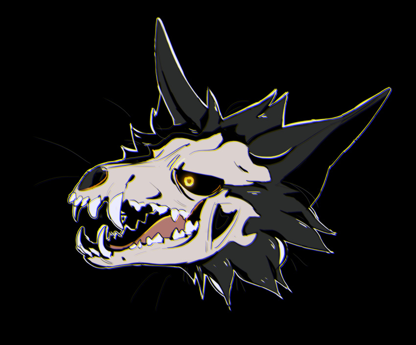 ambiguous_form ambiguous_gender black_background black_body black_ears black_fur black_inner_ear black_sclera blackscour bone cheek_tuft facial_tuft fangs fur headshot_portrait open_mouth portrait simple_background skull skull_head solo teeth tuft yellow_eyes