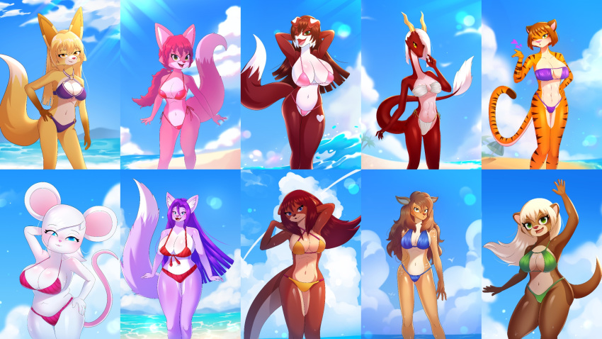 anthro beach big_breasts bikini blonde_hair blowing_kiss blue_bikini blue_clothing blue_eyes blue_swimwear breasts brown_body brown_fur brown_hair canid canine canis clothing cloud collie countershade_face countershade_fur countershade_tail countershade_torso countershading digital_media_(artwork) dipstick_tail domestic_dog dragon duderedblue felid female floppy_ears fluffy fluffy_tail fox fur green_bikini green_clothing green_eyes green_swimwear hair hairless_tail hand_on_hip hands_behind_head herding_dog hi_res horn inner_ear_fluff long_hair mammal markings mouse multiple_images murid murine mustelid mythological_creature mythological_scalie mythology one_eye_closed open_mouth open_smile orange_body orange_fur otter pantherine pastoral_dog pink_bikini pink_body pink_clothing pink_fur pink_hair pink_swimwear ponytail portrait prick_ears pupils purple_bikini purple_body purple_clothing purple_fur purple_hair purple_swimwear red_bikini red_body red_clothing red_scales red_swimwear rodent round_ears scales scalie shaded sheepdog short_hair sky slit_pupils smile soft_shading swimwear tail tail_markings three-quarter_portrait tiger tuft two-piece_swimsuit white_bikini white_body white_clothing white_fur white_hair white_swimwear yellow_bikini yellow_body yellow_clothing yellow_eyes yellow_fur yellow_sclera yellow_swimwear