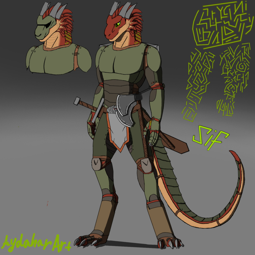 anthro armor armored_body armored_boots armored_gloves axe aydaharart claws dragon dragonborn_(dnd) dungeons_and_dragons green_armor green_eyes grey_horn hasbro hi_res horn long_tail male melee_weapon model_sheet mythological_creature mythological_scalie mythology red_body red_skin scalie sif(aydaharart) solo sword tail weapon wizards_of_the_coast