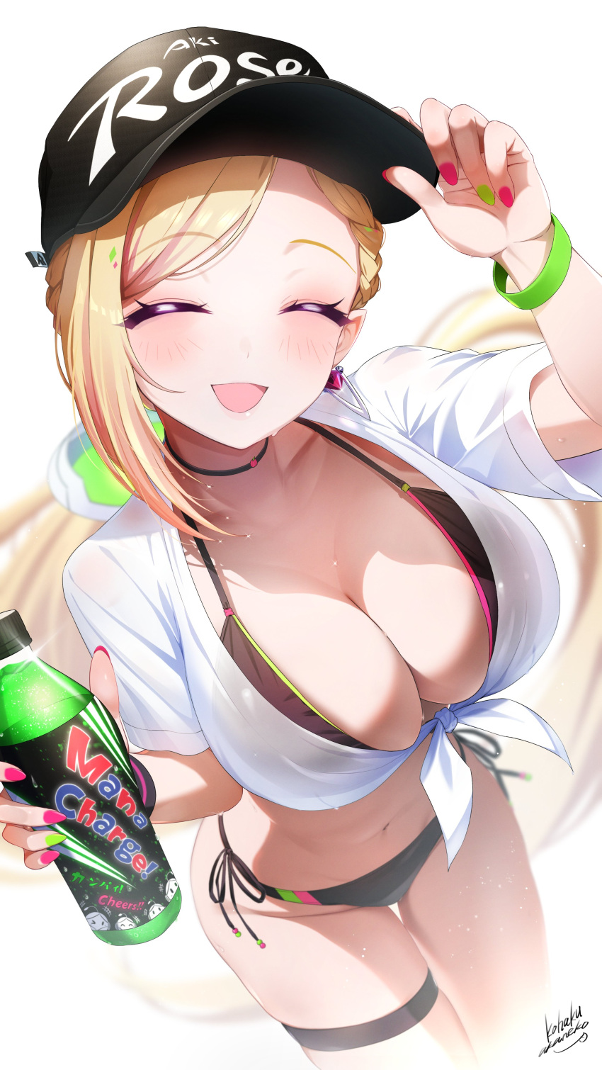 :d absurdres adjusting_clothes adjusting_headwear aki_rosenthal alternate_costume arm_strap arm_up baseball_cap bikini bikini_under_clothes black_bikini black_choker black_hat blonde_hair bottle braid braided_bangs breasts character_name choker cleavage closed_eyes commentary_request detached_hair earrings facing_viewer female from_above front-tie_bikini_top front-tie_top green_nails halterneck hand_up hat highres holding holding_bottle hololive jewelry large_breasts long_hair low_twintails midriff multicolored_nails nail_polish navel nemu_iine open_clothes open_shirt pink_nails plastic_bottle pointy_ears shirt side-tie_bikini_bottom signature simple_background single_earring skindentation smile solo stomach string_bikini sweat swept_bangs swimsuit thigh_gap thigh_strap tied_shirt twintails virtual_youtuber white_background white_shirt wristband