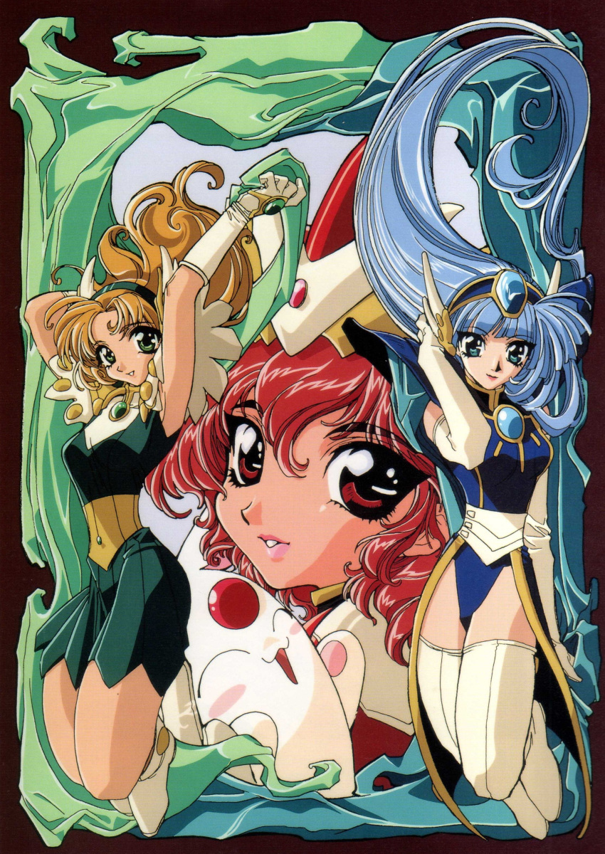 1990s_(style) 3girls absurdres blonde_hair blue_eyes blue_hair curly_hair gem green_eyes group_picture hairband highres hououji_fuu ishida_atsuko long_hair looking_at_viewer magic_knight_rayearth mokona multiple_girls non-web_source official_art retro_artstyle ryuuzaki_umi scan shidou_hikaru skirt thighhighs