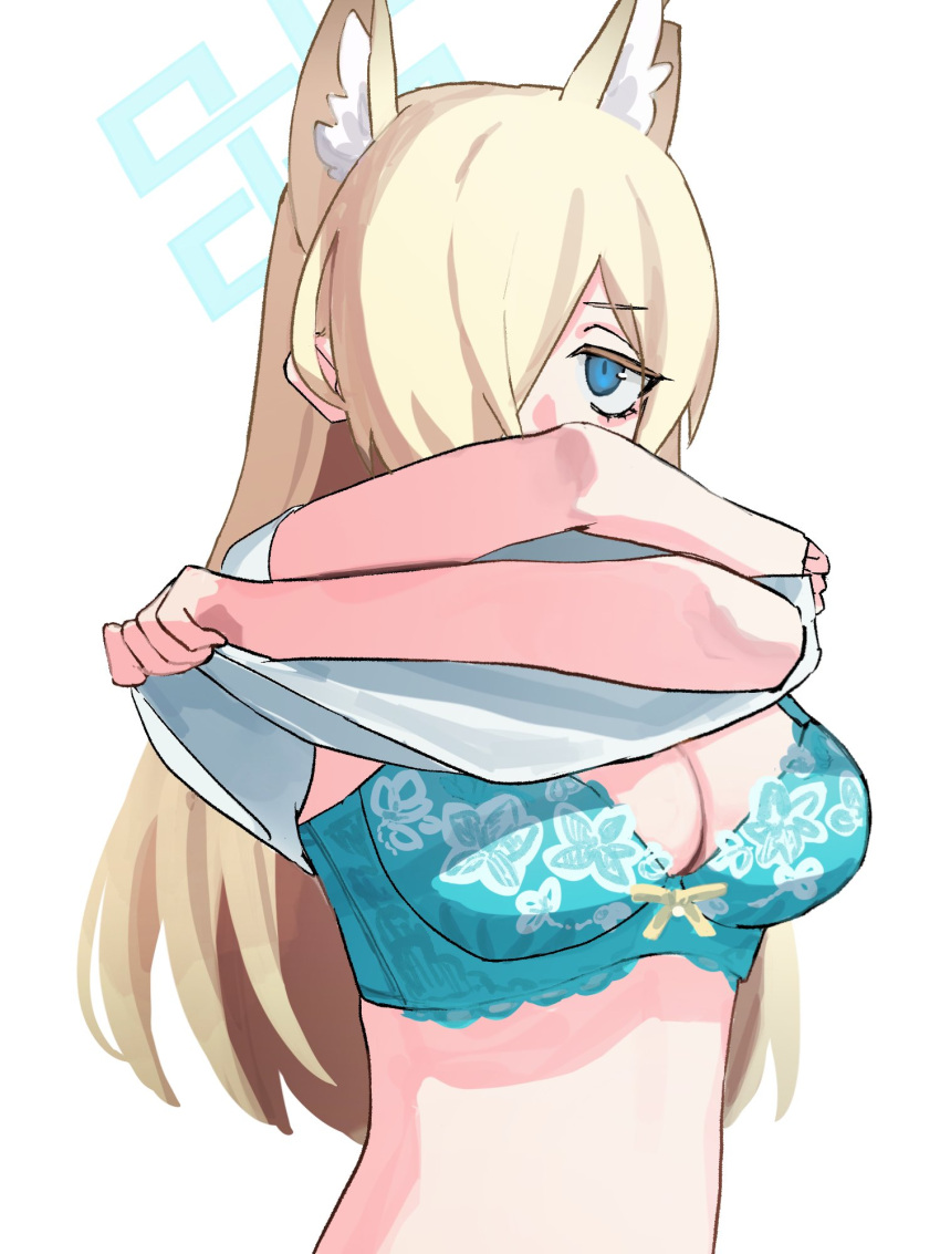 alternate_costume animal_ears aqua_bra aqua_halo blonde_hair blue_archive blue_eyes bra breasts cleavage clothes_lift dog_ears dog_girl female floral_print_bra hair_over_one_eye halo highres kanna_(blue_archive) large_breasts lifting_own_clothes long_hair looking_at_viewer shiosai_73 shirt shirt_lift simple_background stomach underwear undressing upper_body white_background white_shirt