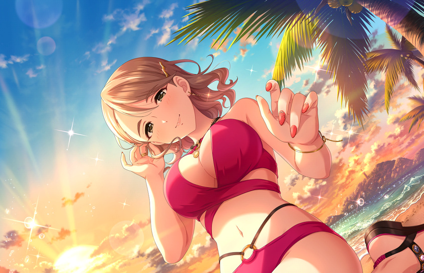 beach bikini bracelet breasts brown_hair cleavage cloud coconut coconut_tree earrings female green_eyes hair_between_eyes hair_ornament hairclip idolmaster idolmaster_cinderella_girls idolmaster_cinderella_girls_starlight_stage island jewelry looking_at_viewer medium_breasts navel necklace ocean official_art palm_tree parted_bangs red_bikini red_nails ring sand sandals sitting sky smile solo sun sunset swimsuit tareme tree tropical wavy_hair yanagi_kiyora