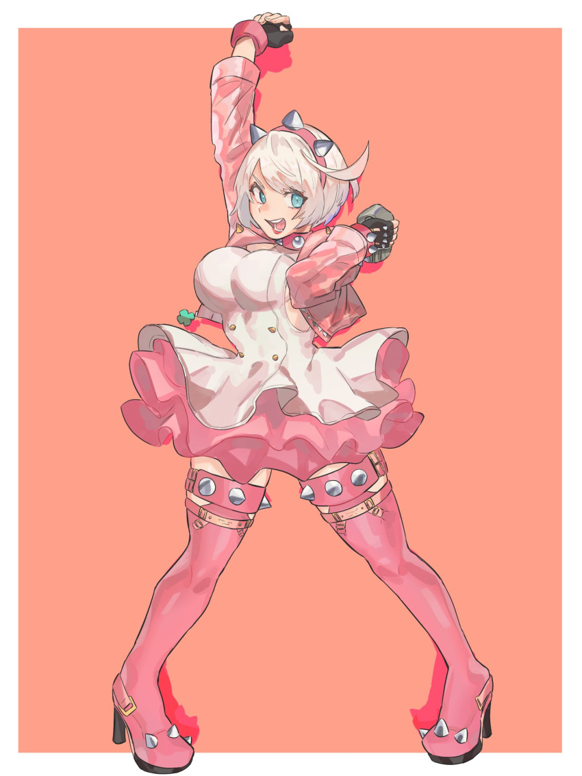 ahoge arm_up black_gloves blue_eyes bob_cut boots bracelet breasts clover collar cropped_jacket dress elphelt_valentine female fingerless_gloves four-leaf_clover full_body gloves guilty_gear guilty_gear_strive hairband highres huge_ahoge jacket jewelry large_breasts legs_apart looking_at_viewer luci_omi_gusu open_mouth pink_collar pink_footwear pink_hairband pink_jacket pink_skirt short_dress short_hair skirt sleeveless sleeveless_dress smile solo spiked_bracelet spiked_collar spiked_hairband spiked_thighlet spikes standing thigh_boots white_dress white_hair