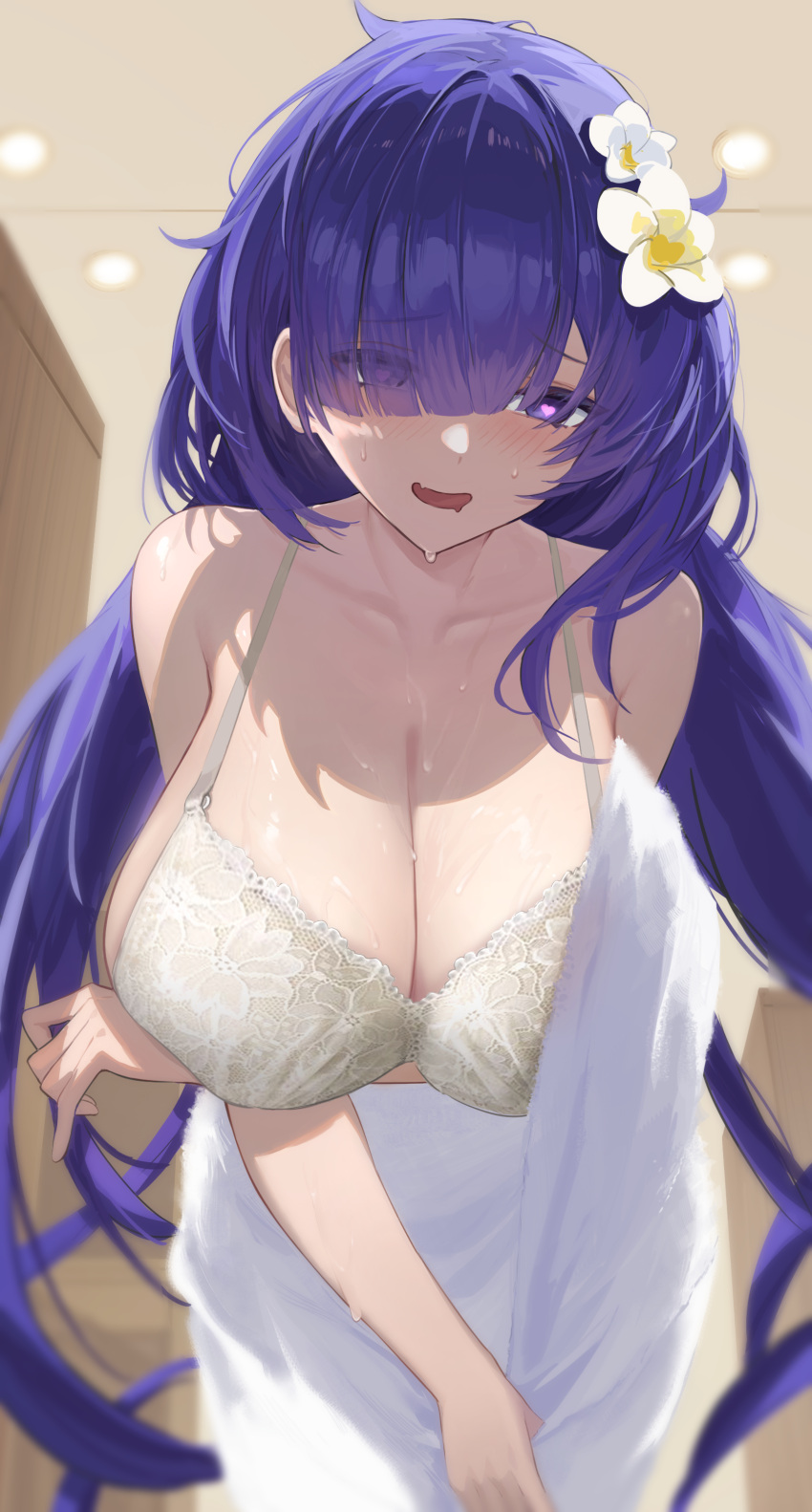 absurdres azur_lane bra breasts collarbone drooling female flower hair_flower hair_ornament hair_over_one_eye hanging_breasts heart heart-shaped_pupils highres huge_breasts indoors lace-trimmed_bra lace_trim leaf leaning_forward long_hair looking_at_viewer mogador_(azur_lane) nick_laojiao open_mouth purple_eyes purple_hair solo symbol-shaped_pupils towel underwear very_long_hair wet white_bra