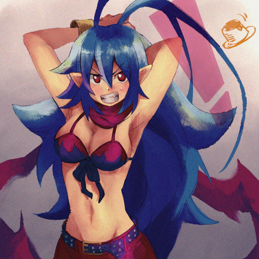 angry arms_up battle_of_blood belt bikini bikini_top_only blue_hair breasts clenched_teeth disgaea disgaea_d2 female food genderswap_(mtf) highres huge_antenna_hair laharl laharl-chan long_hair looking_at_viewer medium_breasts pants pointy_ears pudding red_eyes red_pants red_scarf rule_63 scarf solo swimsuit teeth very_long_hair