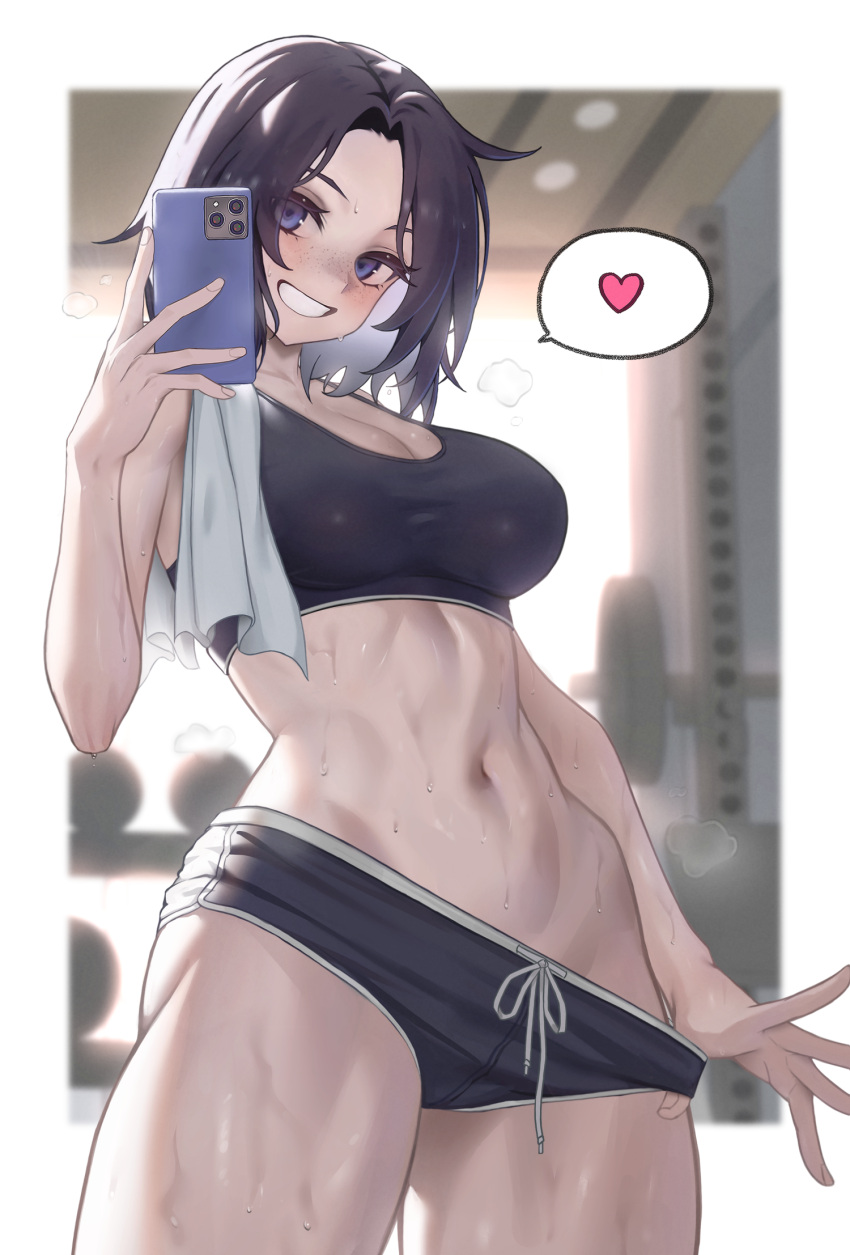 arc2urus barbell black_hair black_shorts black_sports_bra blue_eyes blurry blurry_background breasts cleavage clothes_pull commentary commission dumbbell female gym heart highres holding holding_phone looking_at_viewer medium_breasts navel original phone pulling_own_clothes short_hair shorts shorts_pull smile solo spoken_heart sports_bra stomach sweat tomboy weights