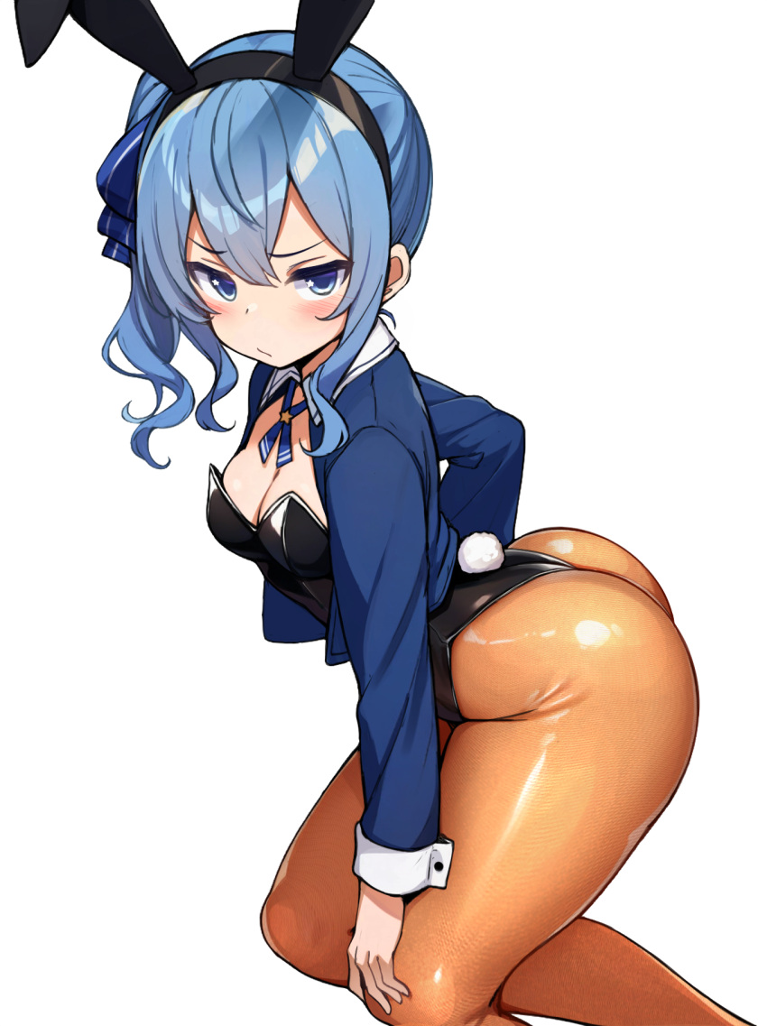 :/ animal_ear_hairband animal_ears annoyed ass black_leotard blue_bow blue_eyes blue_hair blue_jacket blush bow breasts cleavage closed_mouth cowboy_shot fake_animal_ears fake_tail female hairband hairbow highres hololive hoshimachi_suisei jacket jitome leotard orange_pantyhose pantyhose rabbit_ear_hairband rabbit_ears rabbit_tail sakanaya_(sakanaya952) shiny_clothes short_hair side_ponytail simple_background small_breasts solo star_(symbol) star_in_eye symbol_in_eye tail virtual_youtuber white_background