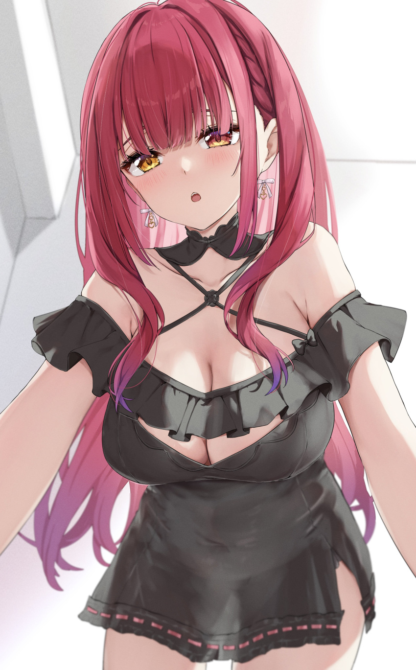 absurdres bare_shoulders black_dress blush breasts cleavage dress female halter_dress halterneck heterochromia highres hololive houshou_marine houshou_marine_(8th_costume) indoors large_breasts long_hair looking_at_viewer red_eyes red_hair solo virtual_youtuber yellow_eyes yoshinon_(yoshinon_kotori)