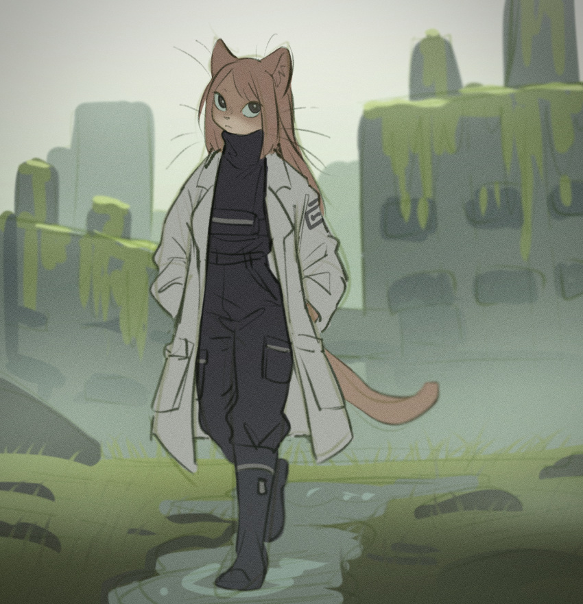 anthro black_clothing boots clothing cloud coat felid female fog footwear fur hair hand_in_pocket hands_in_both_pockets hi_res jumpsuit lab_coat long_hair looking_at_viewer mammal moss orange_body orange_fur outside overcast plant pockets post-apocalyptic puddle scientist shoes sky solo sweater tail tateoftot topwear turtleneck walking whiskers white_clothing