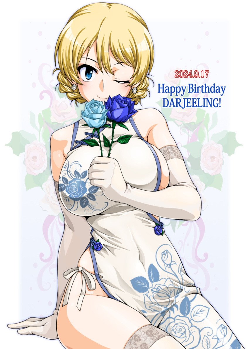 birthday blonde_hair blue_eyes blue_flower blue_rose breasts china_dress chinese_clothes darjeeling_(girls_und_panzer) dress earrings elbow_gloves female floral_background floral_print flower girls_und_panzer gloves hair_between_eyes happy_birthday highres jewelry large_breasts navel oosaka_kanagawa rose short_hair thighhighs white_gloves white_thighhighs