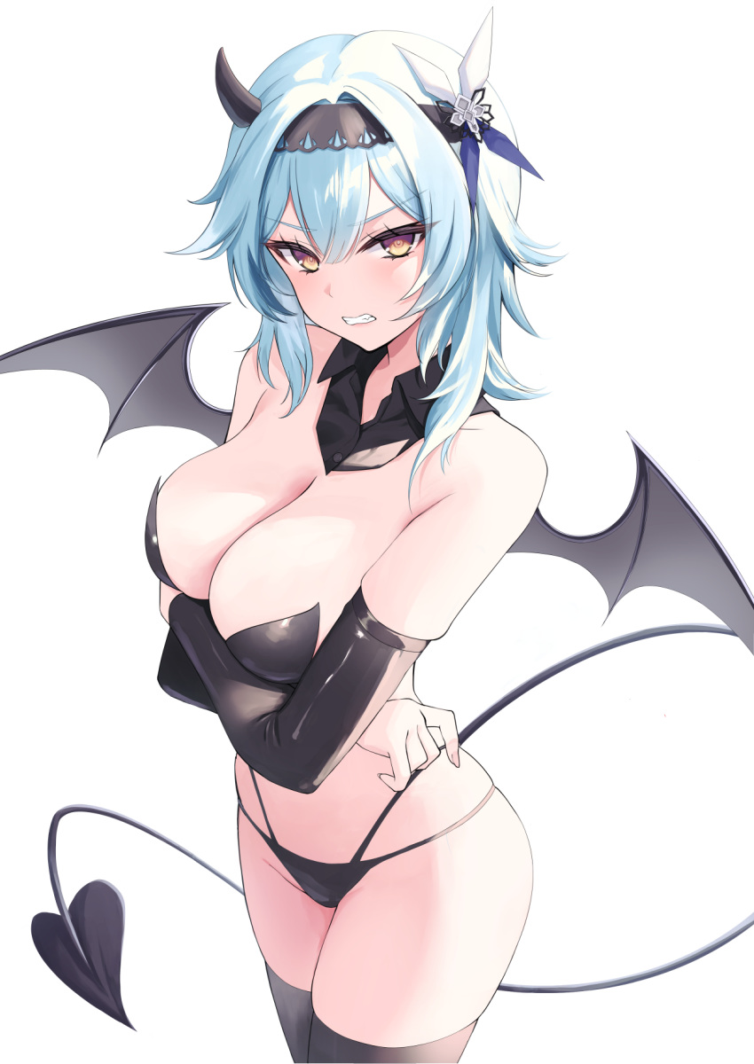 alternate_costume annoyed arms_under_breasts bare_shoulders black_hairband black_panties black_sleeves black_thighhighs blue_hair breasts cleavage clenched_teeth commentary_request cowboy_shot crossed_arms demon_girl demon_horns demon_tail demon_wings detached_collar detached_sleeves eula_(genshin_impact) female genshin_impact hair_ornament hairband highres horns long_sleeves looking_at_viewer medium_breasts medium_hair mikoto_paint panties simple_background solo string_panties tail teeth thighhighs underwear white_background wings yellow_eyes