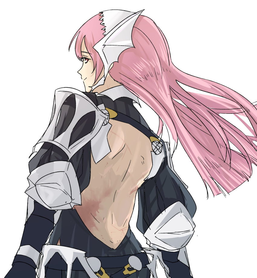 back_turned backless_outfit cherche_(fire_emblem) closed_mouth female fire_emblem fire_emblem_awakening hairband highres long_hair looking_at_viewer misokatsuhaumai pink_hair red_eyes smile solo