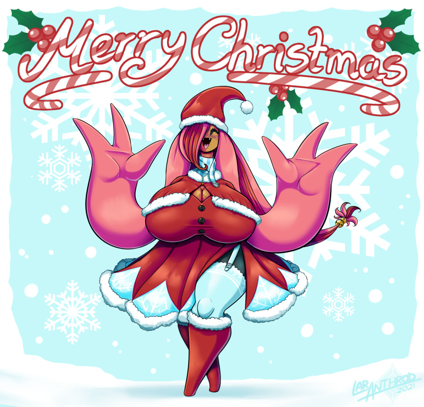 2021 anthro big_breasts blush breasts christmas christmas_clothing closed_eyes clothed clothing digital_media_(artwork) english_text eyelashes featureless_feet feet female generation_6_pokemon gourgeist hair hair_hand hair_over_eye hat headgear headwear hi_res holidays huge_breasts latiar melanie_mortrose nintendo obscured_eye one_eye_obstructed open_mouth open_smile pokemon pokemon_(species) pokemorph smile solo standing teeth text tongue wearing_hat winter_clothing