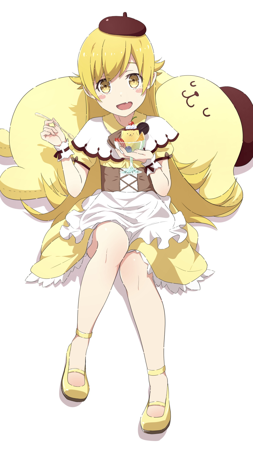 :3 :p absurdres apron beret blonde_hair blush_stickers brown_footwear camui1104 corset cross-laced_clothes cup dot_nose dress female food frilled_apron frilled_dress frills hat highres holding holding_cup holding_spoon long_hair maid_apron monogatari_(series) oerba_yun_fang open_mouth oshino_shinobu pompompurin pudding puffy_short_sleeves puffy_sleeves sanrio shoes short_sleeves simple_background sitting smile spoon stuffed_animal stuffed_dog stuffed_toy tongue tongue_out very_long_hair waist_apron white_apron wrist_cuffs yellow_eyes