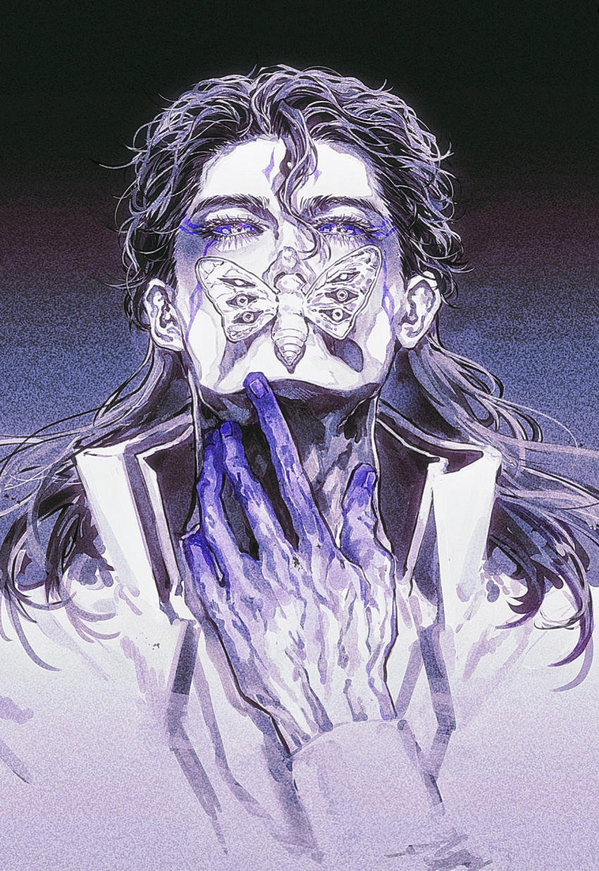 1boy aizen_sousuke black_sclera bleach bleach:_brave_souls bug butterfly collared_shirt colored_sclera commentary_request covered_mouth extra_eyes eyelashes facial_mark film_grain floating_hair hair_behind_ear hair_between_eyes hand_up highres limited_palette long_hair long_sleeves looking_at_viewer male_focus mediekg nose official_alternate_hair_length official_alternate_hairstyle purple_sclera shirt solo thick_eyebrows third_eye tsurime upper_body white_eyes white_shirt