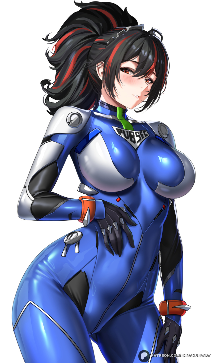 black_gloves black_hair blue_bodysuit blush bodysuit bracelet breasts covered_navel english_commentary enma_(enmanuelart) female gloves high_ponytail highres jewelry large_breasts long_hair looking_at_viewer metal_hairband multicolored_hair red_eyes red_hair solo streaked_hair thighs white_background zenless_zone_zero zhu_yuan