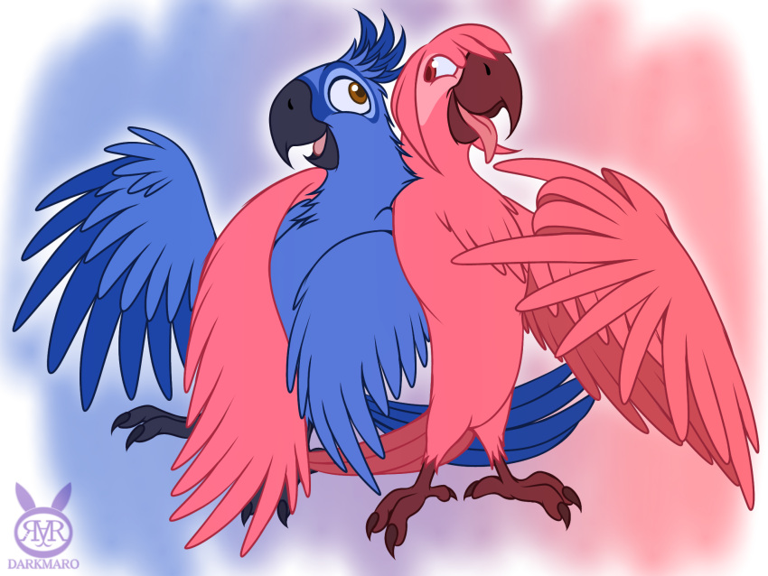 avian beak bird blu_(rio) blue_body blue_feathers blue_sky_studios darkmaro_(artist) digital_media_(artwork) feathers female feral hi_res macaw male neotropical_parrot nimona nimona_(nimona) open_mouth parrot rio_(series) simple_background smile spix's_macaw true_parrot wings