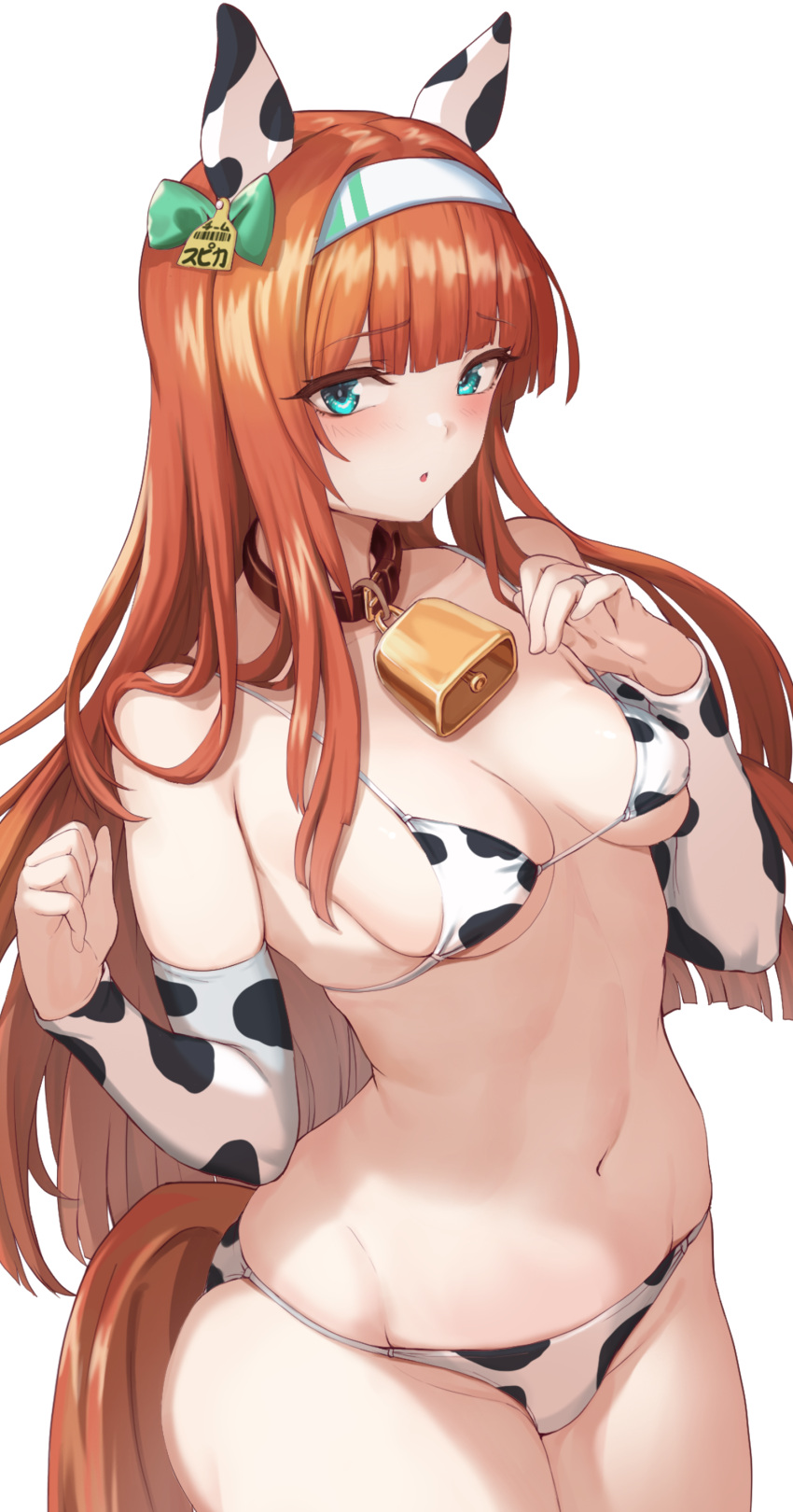 :o absurdres animal_ears animal_print aqua_eyes bell bikini blunt_bangs blunt_ends blush breasts commentary_request cow_print cow_print_bikini cow_print_sleeves dated_commentary detached_sleeves effort_star female hair_ribbon hairband highres horse_ears horse_girl long_hair looking_at_viewer navel neck_bell orange_hair print_bikini ribbon sideboob sidelocks silence_suzuka_(umamusume) simple_background small_breasts solo standing swimsuit umamusume underboob white_background