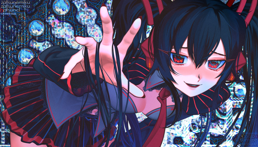 black_hair breasts cleavage detached_sleeves female grey_shirt hair_between_eyes hatsune_miku headphones highres juliet_sleeves lace_trim leaning_forward long_hair long_sleeves medium_breasts necktie pleated_skirt puffy_sleeves reaching reaching_towards_viewer red_eyes red_nails red_necktie shirt skirt smile solo twintails very_long_hair vocaloid zatsune_miku zontik2404