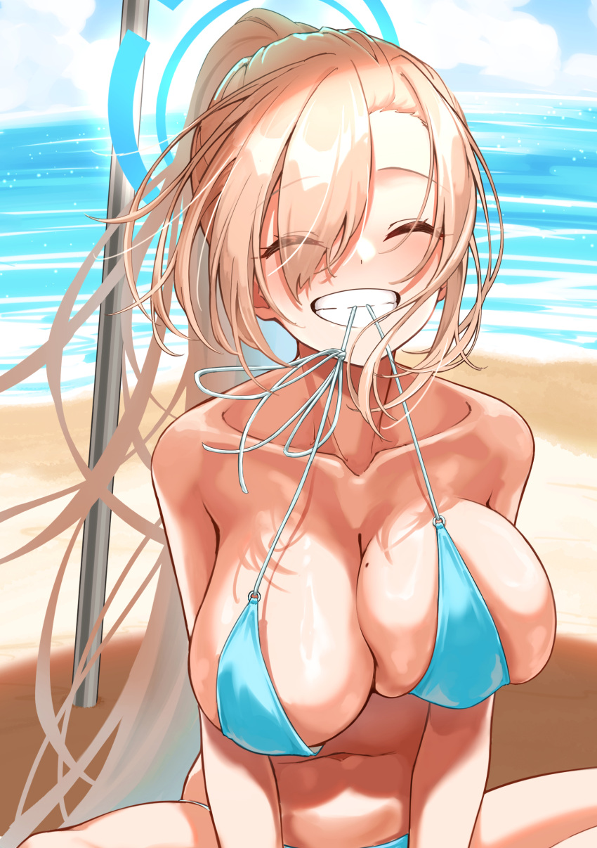 absurdres asuna_(blue_archive) asymmetrical_bangs bare_shoulders bikini bikini_in_mouth blue_archive blue_bikini blue_halo breasts cleavage closed_eyes clothes_in_mouth collarbone day dot_nose eyes_visible_through_hair female halo highres huge_breasts light_blush light_brown_hair long_hair mole mole_on_breast mouth_hold navel o-ring o-ring_bikini ocean ponytail sayu_mypace sitting smile solo string_bikini swimsuit teeth teeth_hold undersized_clothes very_long_hair