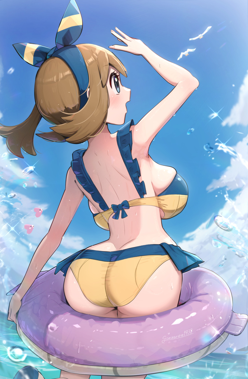 absurdres arm_up ass bikini blue_bikini blue_eyes blue_hairband blue_sky blush bow_hairband breasts brown_hair bubble cloud commentary_request day female from_behind gonzarez hairband highres innertube large_breasts long_hair looking_up luvdisc may_(pokemon) ocean open_mouth outdoors pokemon pokemon_(creature) pokemon_oras profile sky solo sparkle splashing standing standing_on_one_leg swim_ring swimsuit twitter_username two-tone_bikini water water_drop wet wingull yellow_bikini