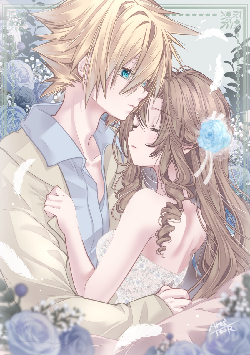 1boy absurdres aerith_gainsborough aqua_eyes arestear0701 artist_name bare_arms bare_shoulders blonde_hair blue_flower blurry blurry_foreground breasts brown_hair closed_eyes cloud_strife collared_shirt couple dress falling_feathers feathers female final_fantasy final_fantasy_vii final_fantasy_vii_remake flower grey_jacket grey_shirt hair_between_eyes hair_flower hair_ornament highres jacket jacket_tug long_hair medium_breasts parted_bangs shirt short_hair sidelocks spiked_hair straight strapless strapless_dress upper_body wavy_hair wedding wedding_dress white_dress