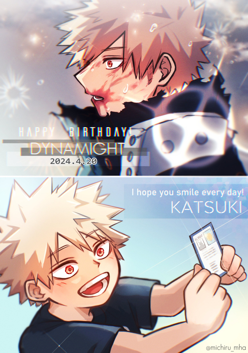 1boy absurdres age_progression bakugou_katsuki black_shirt blonde_hair blood blood_on_face boku_no_hero_academia character_name dated hair_between_eyes happy_birthday highres male_focus michiru_mha multiple_views open_mouth red_eyes shirt short_hair smile spiked_hair superhero_costume sweat t-shirt twitter_username upper_body