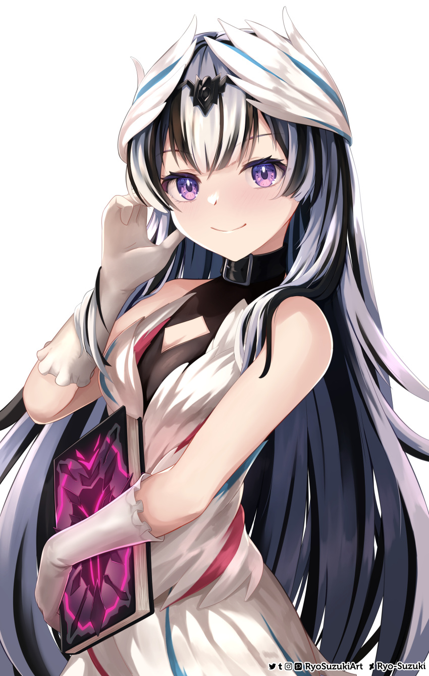 absurdres bare_shoulders black_hair book breasts choker double-parted_bangs dress feather_hair_ornament feathers female fire_emblem fire_emblem_engage gloves grey_hair hair_ornament highres holding holding_book long_hair looking_at_viewer multicolored_hair purple_eyes ryo-suzuki smile solo two-tone_hair very_long_hair veyle_(fire_emblem) wavy_hair white_background white_hair