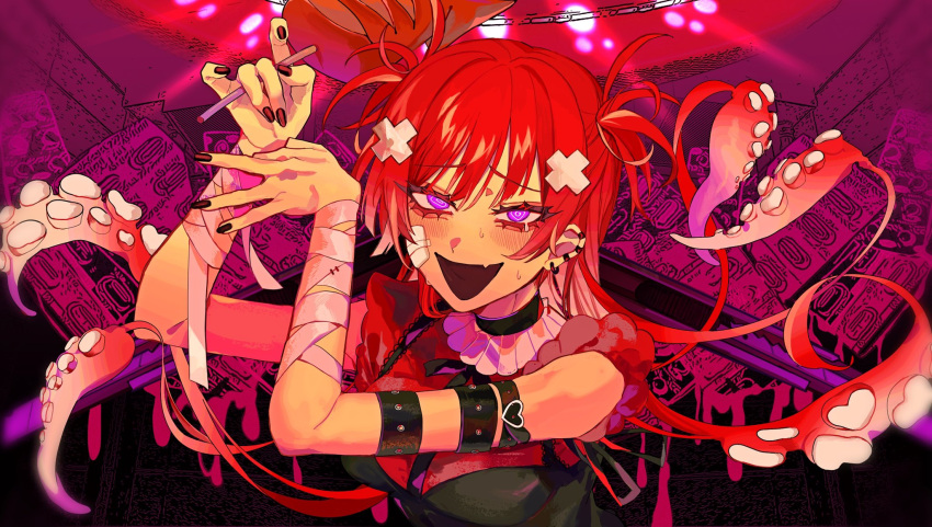 @_@ aegyo_sal arm_strap arm_up bandaged_arm bandages bare_shoulders black_camisole black_nails blush breasts camisole commentary_request ear_piercing female frilled_shirt frills gauze gauze_on_cheek hair_ornament half-closed_eyes hand_up highres holding kuroume_(aihikarikuroume24) long_hair looking_at_viewer medium_breasts nail_polish original piercing pink_eyes red_hair red_shirt shirt simple_background sleeveless sleeveless_shirt solo sweat tentacle tentacle_hair two_side_up upper_body w x_hair_ornament