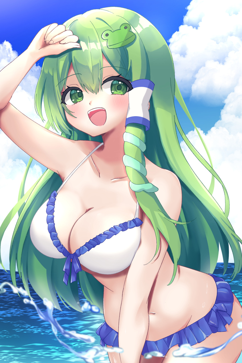 :d absurdres alternate_costume arm_up bikini blue_frills blue_sky breasts cleavage cloud cloudy_sky collarbone cowboy_shot day double-parted_bangs female frilled_bikini frills frog_hair_ornament front-tie_bikini_top front-tie_top green_eyes green_hair groin hair_between_eyes hair_ornament highres kochiya_sanae large_breasts long_hair navel open_mouth outdoors simappi single_hair_tube sky smile snake_hair_ornament solo splashing standing stomach swimsuit teeth touhou upper_teeth_only water white_bikini